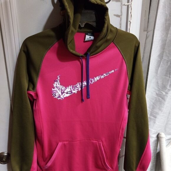 Nike Therma Fit Womens Pink Green Pockets Athletic Running Hoodie - Picture 1 of 5